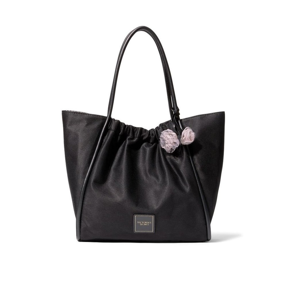 NWT VC Victoria's Secret black tote bag pink lining floral detail